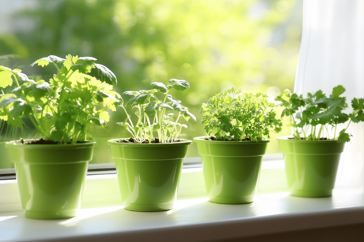 growing herbs in small pots in windowsill edible garden