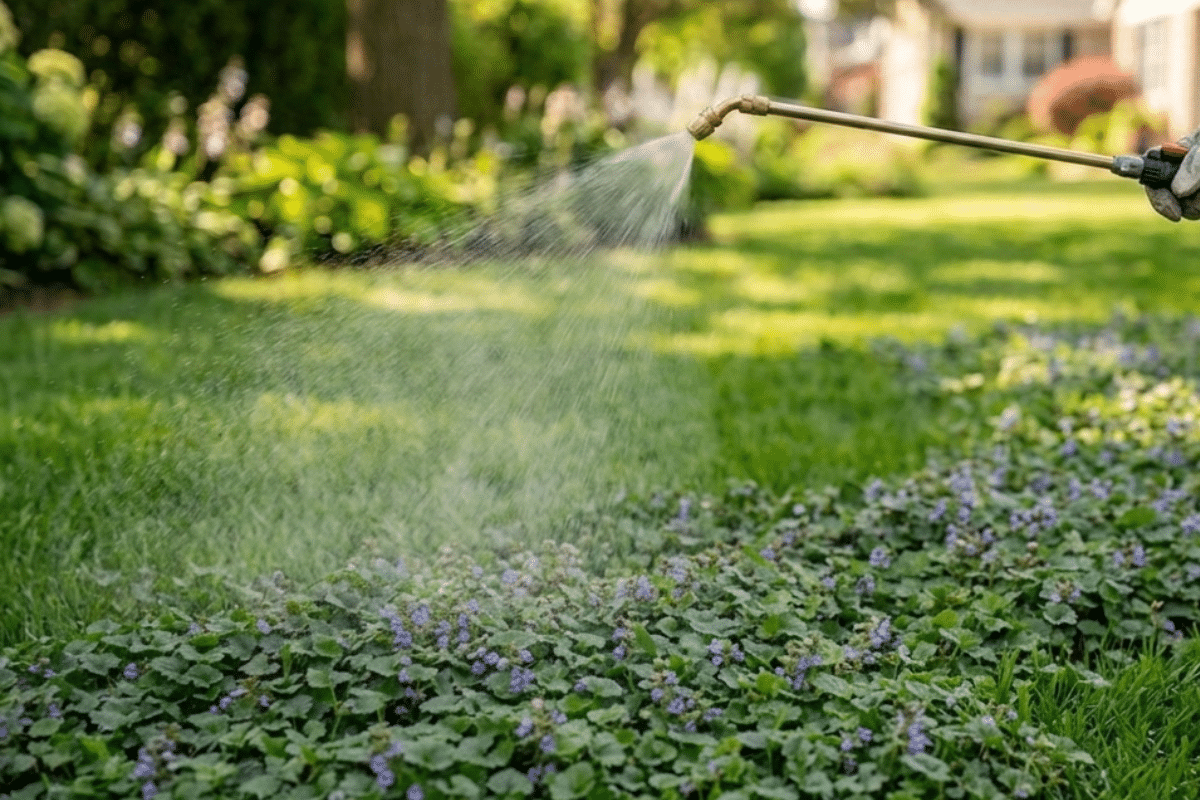 using a garden pump sprayer to eradicate creeping charlie ground ivy in lawn