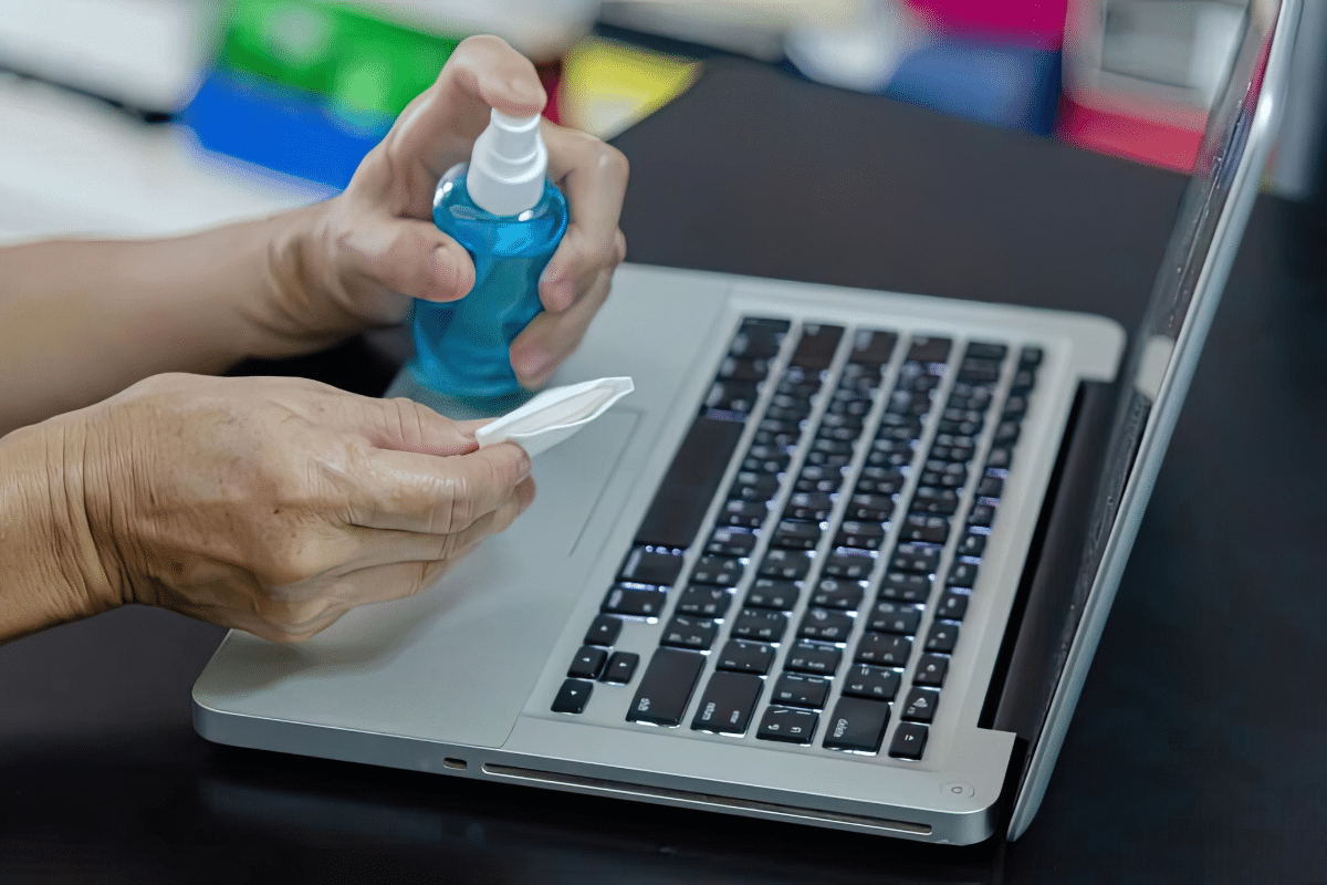 woman spraying cleaner onto soft cloth before wiping down laptop macbook