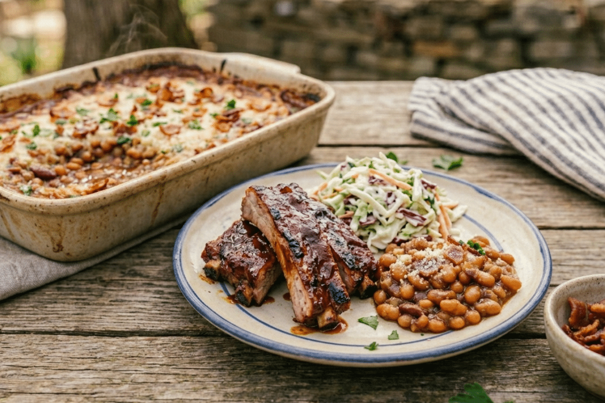 summer barbecue ribs coleslaw baked beans with bacon