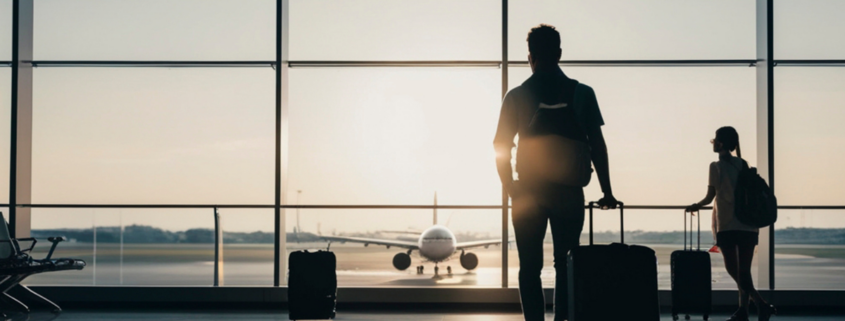smart travel tips father and daughter standing in airport watching an airplane land