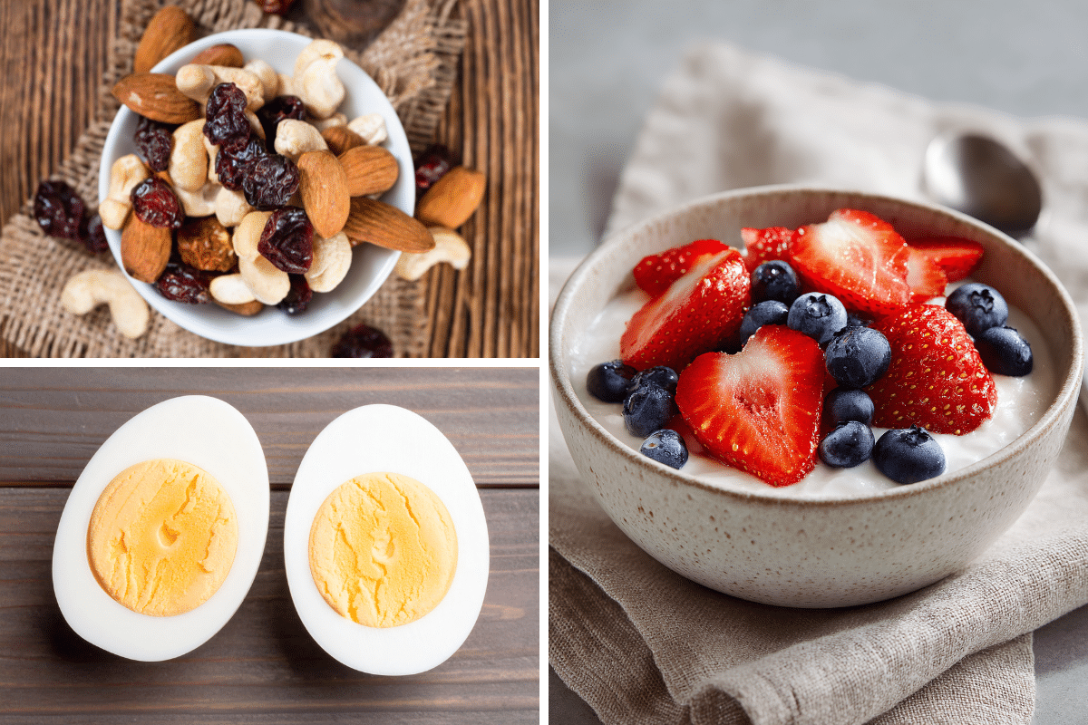 snacks nuts trail mix hard boiled egg yogurt with fresh cut fruit