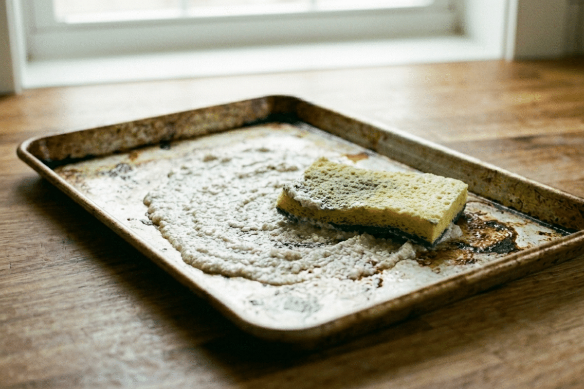 cookie sheet with cream of tartar paste and non scratch sponge