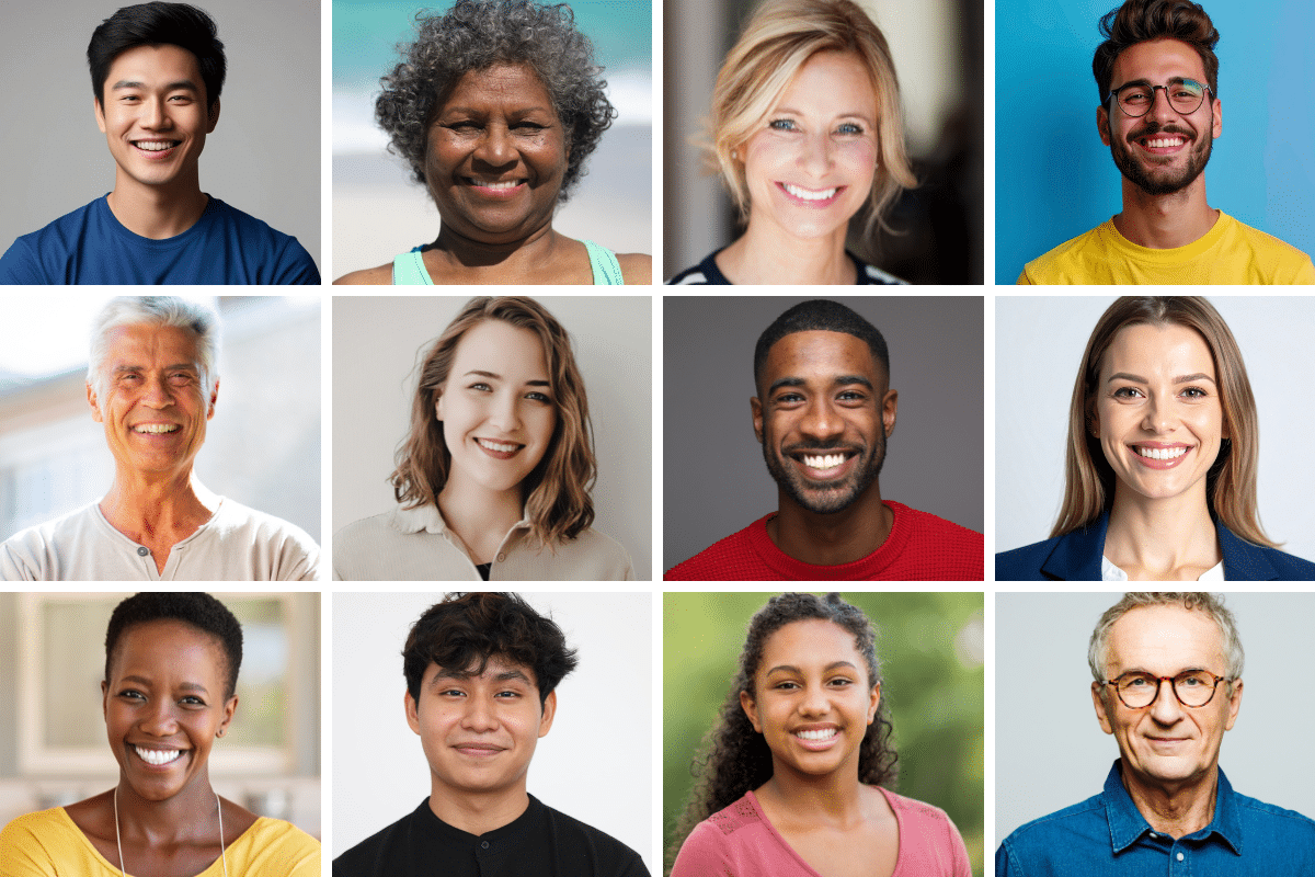 what makes you happy collage of people smiling diverse adults