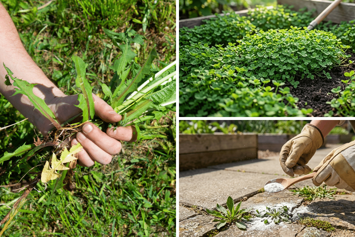other methods for organic weed control hand pull after rain clovers rye buckwheat baking soda