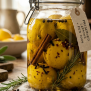 glass jar of preserved lemons with gift tag febraury 2024