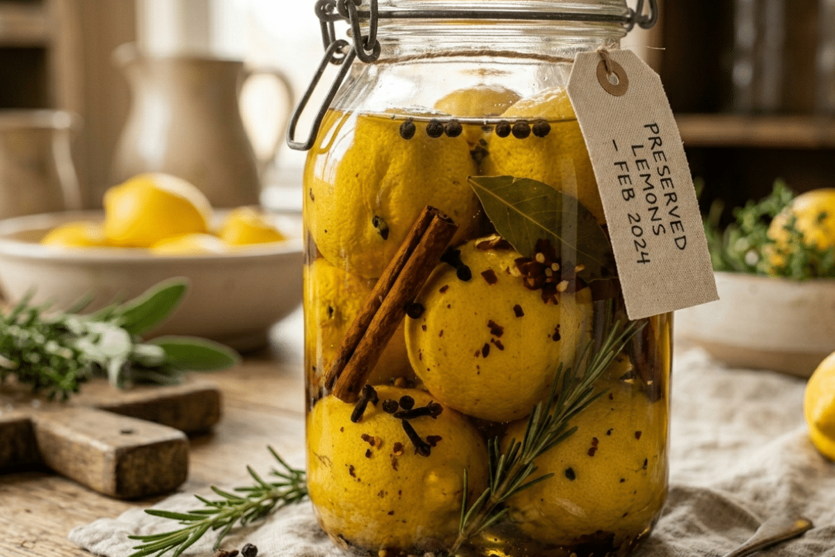 glass jar of preserved lemons with gift tag febraury 2024
