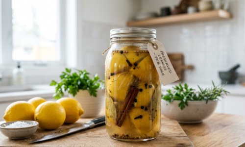 jar of preserved lemons in glass jar in bright contemporary kitchen
