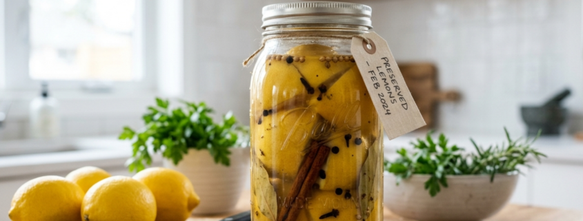 jar of preserved lemons in glass jar in bright contemporary kitchen