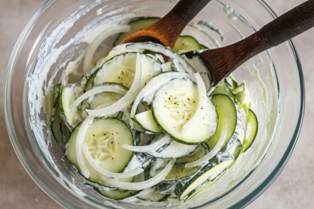 grandma's cucumber salad recipe with sweet white onions mixed in bowl with wood spoons