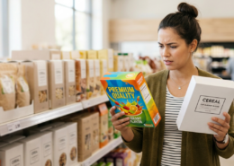 generic vs name brand woman choosing between two cereals in grocery store aisle