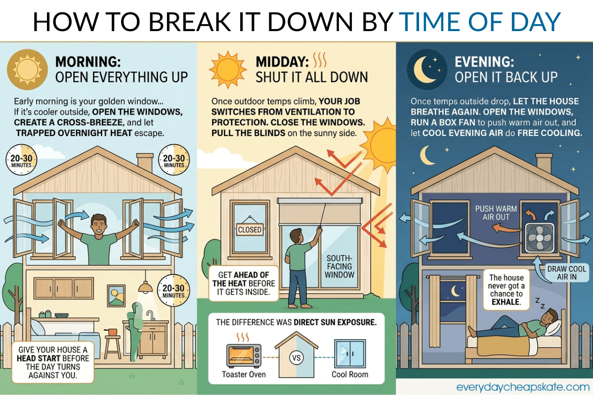 everyday cheapskate infographic how to break it down by time of day when to open and close the windows and blinds during summer