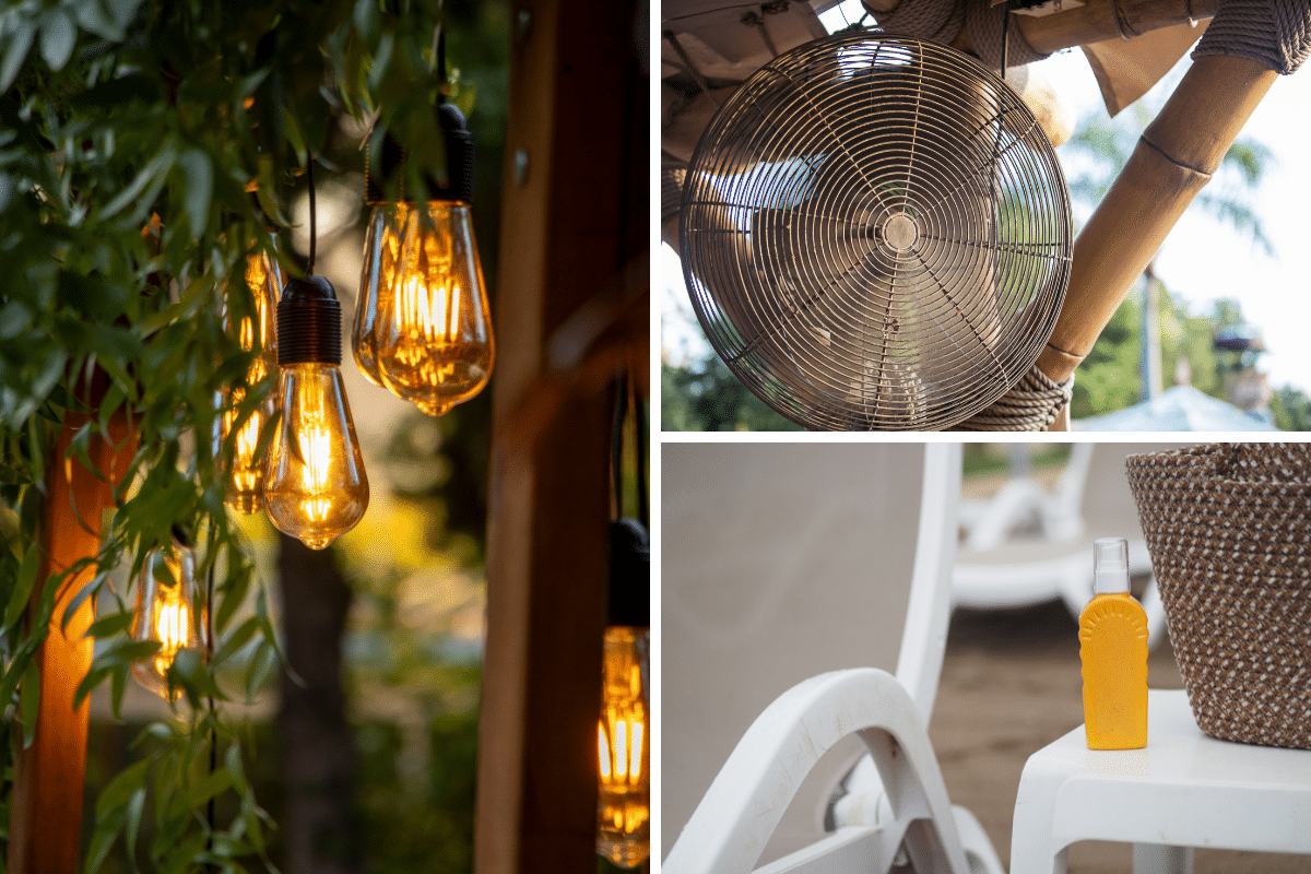 make it comfortable airflow fan warm lighting basket sunscreen bug spray citronella candle