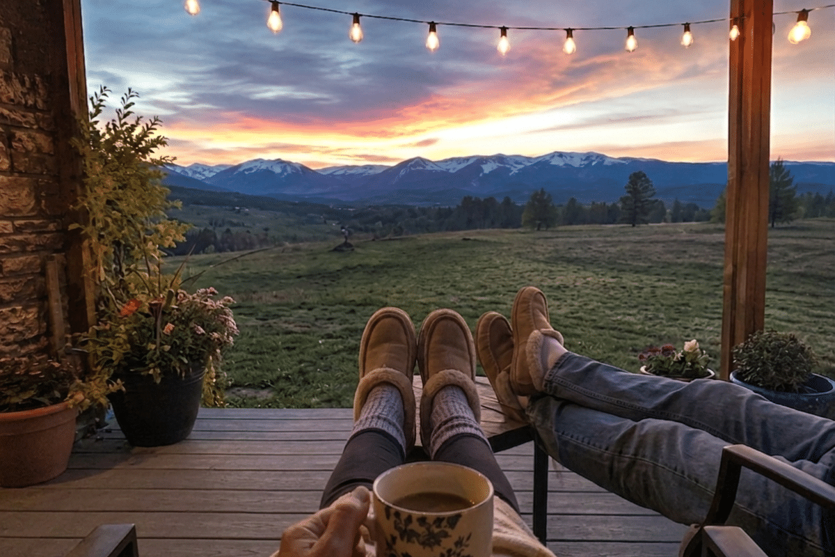 man and woman sitting in outdoor furniture watching the sunset over the rocky mountains