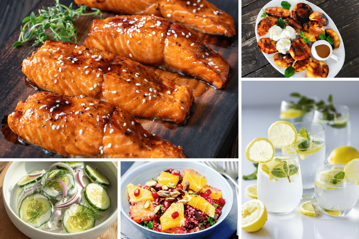 memorial day weekend menu planning fancy healthy honey garlic salmon grilled peaches beet quinoa salad cucumber salad sparkling water.