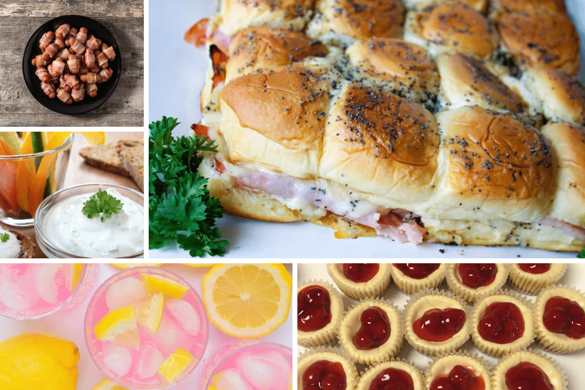 the party snack spread memorial day menu planning hawaiian sliders smokies mini cherry cheesecakes vegetable dip lemonade