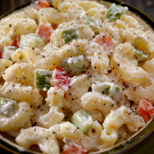 creamy macaroni sald in a casserole dish