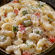 creamy macaroni sald in a casserole dish