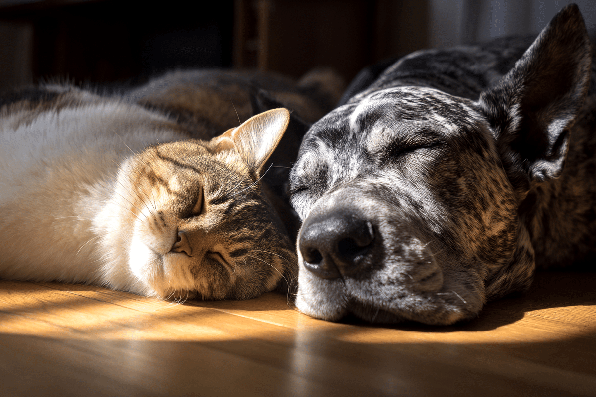 happy dog and cat sleeping next to each other on wood floor.