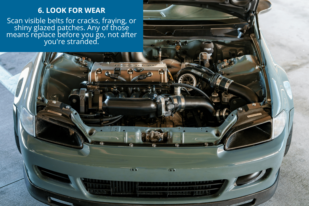 check the belts in car engine before a summer road trip