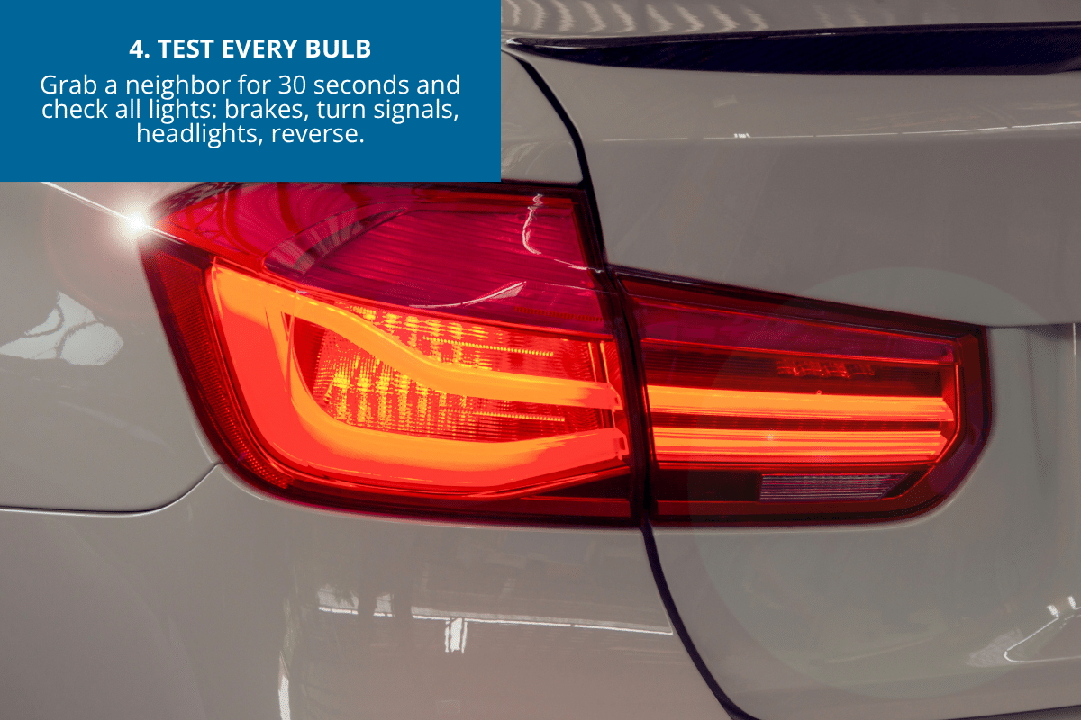 test lights signals and headlights on car before a road trip