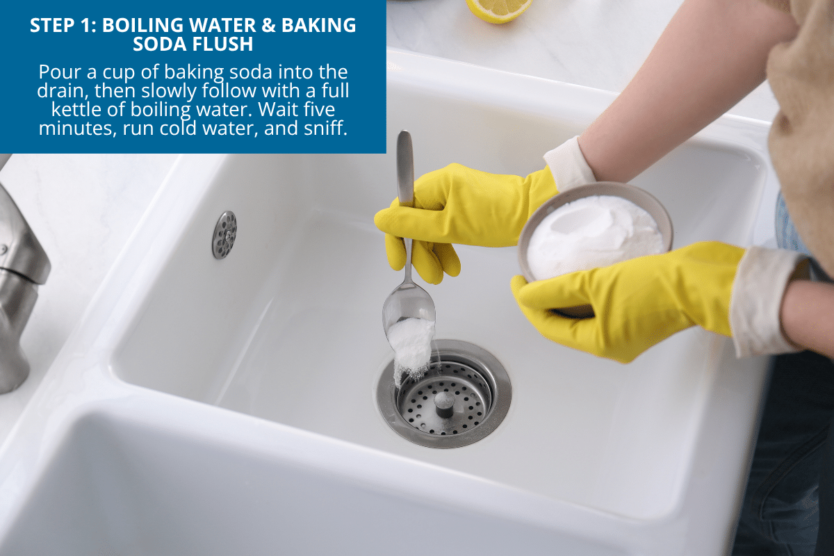 step one for getting rid of a stinky sink drain boiling water and baking soda flush woman spooning into drain