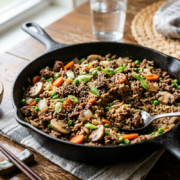 asian beef and rice with carrots green onions mushrooms and rice