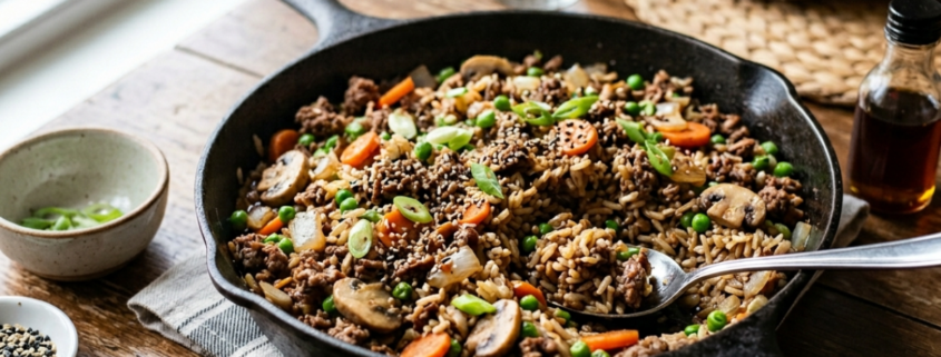 asian beef and rice with carrots green onions mushrooms and rice