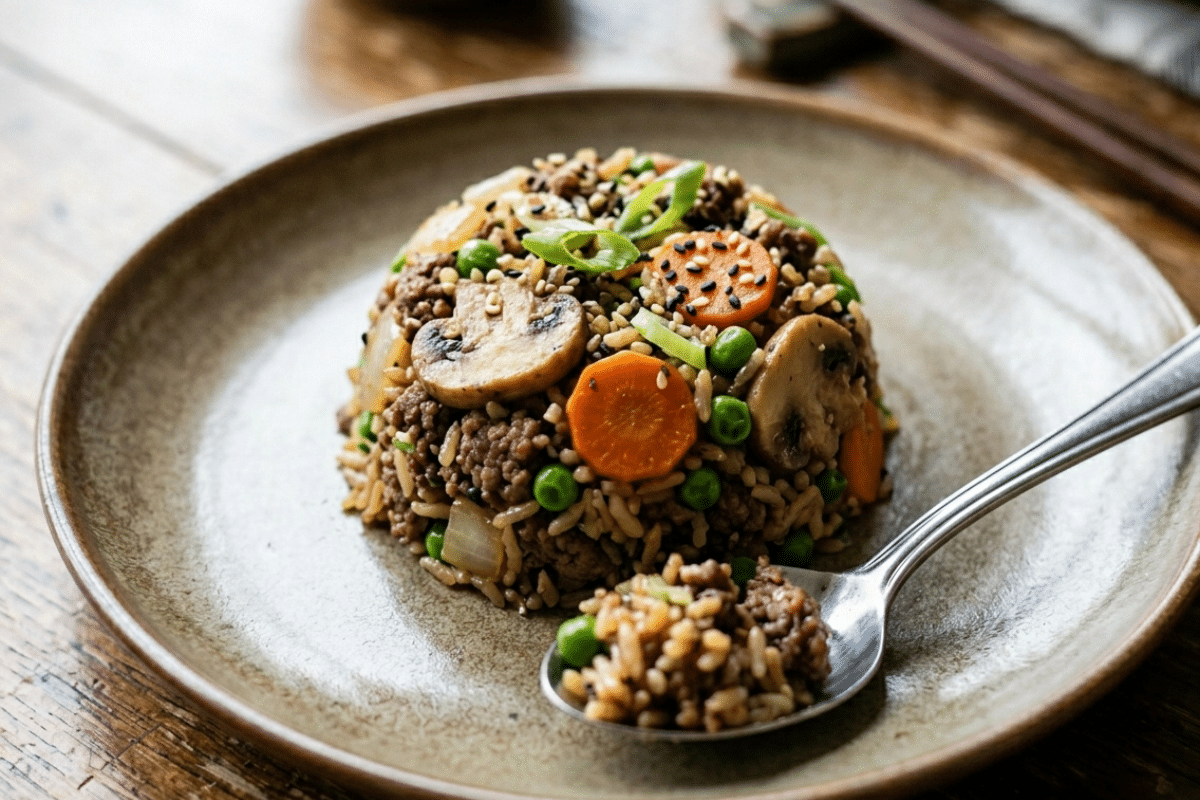 single serving of asian beef and rice on a dinner plate