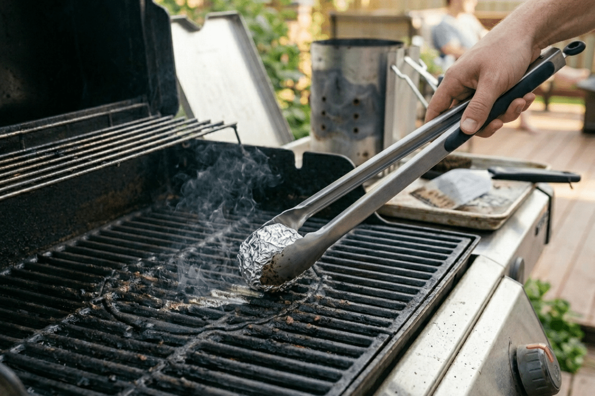 how to clean a bbq grill using a foil ball