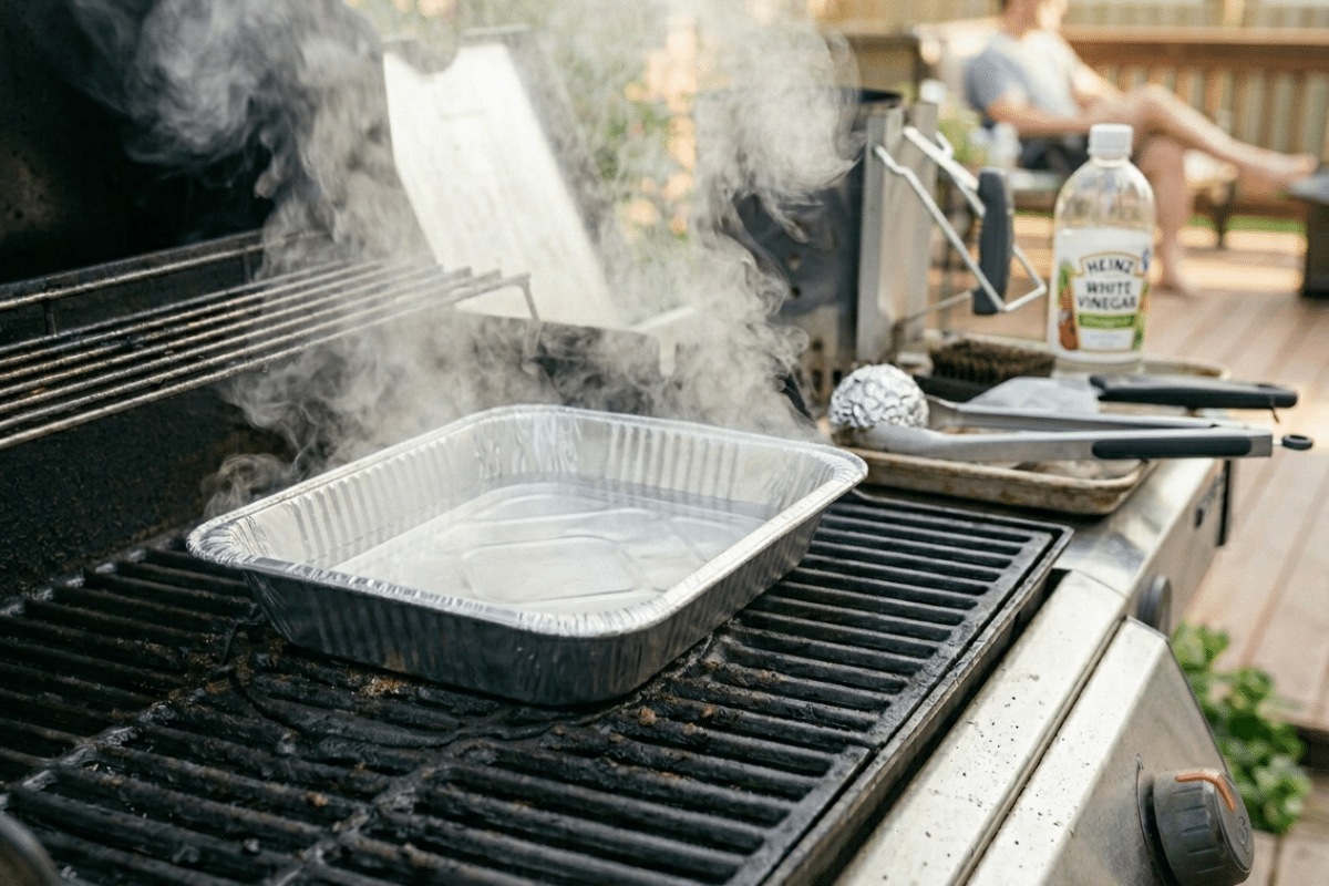 how to steam clean a barbeque or grill using water vinegar and an aluminum pan