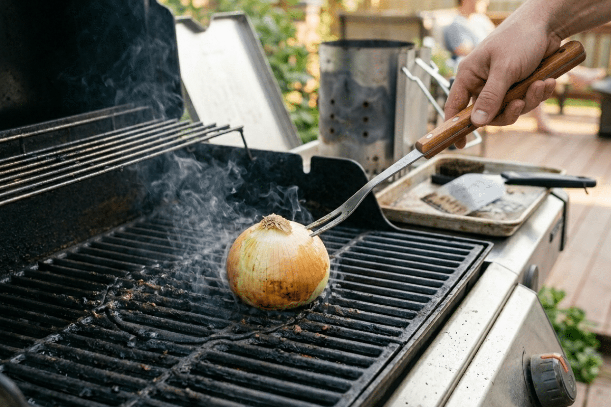man using the half onion trick for cleaning a bbq or grill