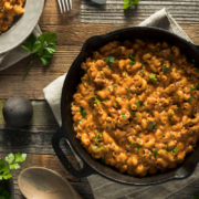 copycat hamburger helper pasta recipe in a cast iron skillet