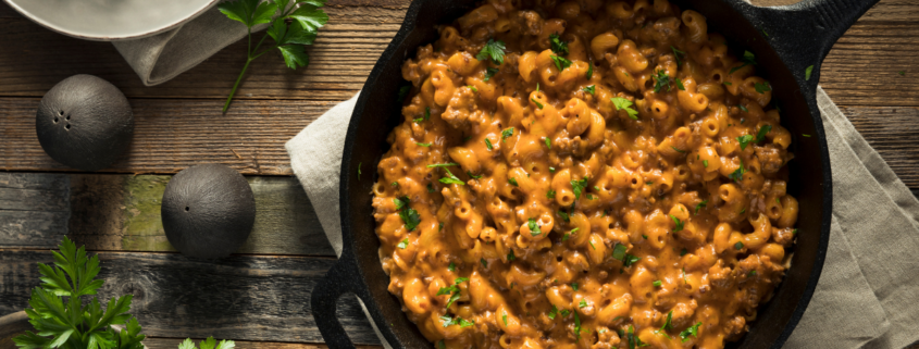 copycat hamburger helper pasta recipe in a cast iron skillet