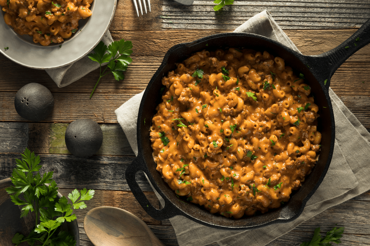 copycat hamburger helper pasta recipe in a cast iron skillet