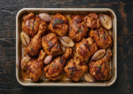 chicken a l'orange recipe in roasting pan with shallots and orange marmalade