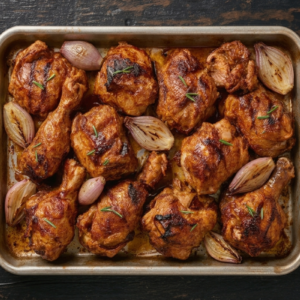 chicken a l'orange recipe in roasting pan with shallots and orange marmalade