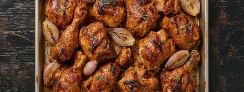 chicken a l'orange recipe in roasting pan with shallots and orange marmalade