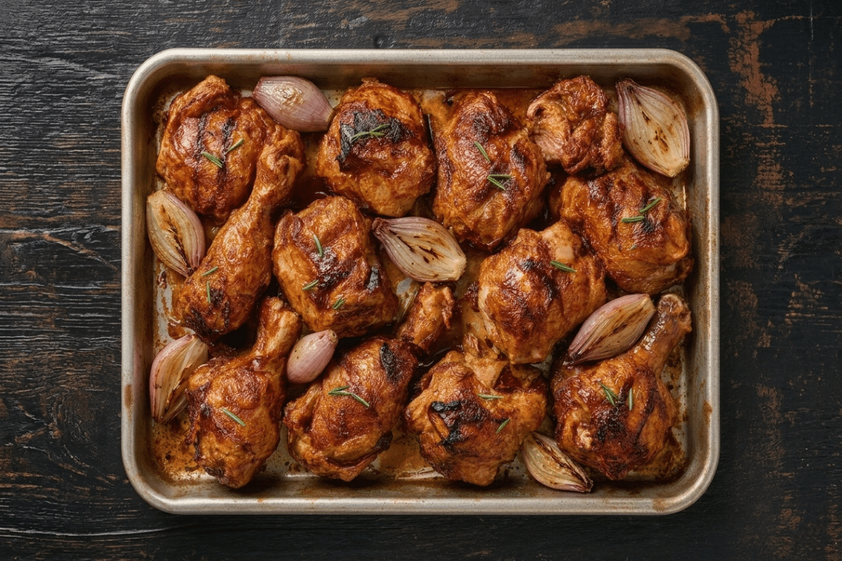 chicken a l'orange recipe in roasting pan with shallots and orange marmalade