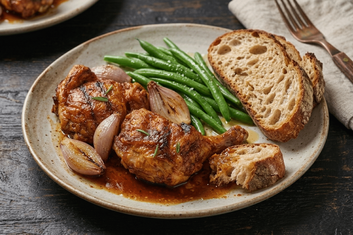 dinner plate of chicken a l'orange recipe with green beans and crusty bread
