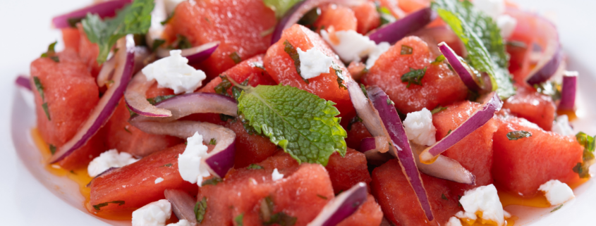 close up of watermelon feta salad with mint and lime