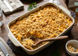 cheesy chicken and rice casserole in a baking dish