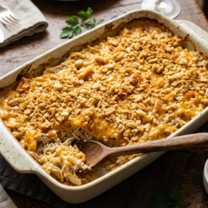 cheesy chicken and rice casserole in a baking dish