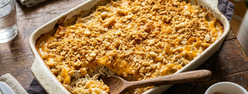 cheesy chicken and rice casserole in a baking dish