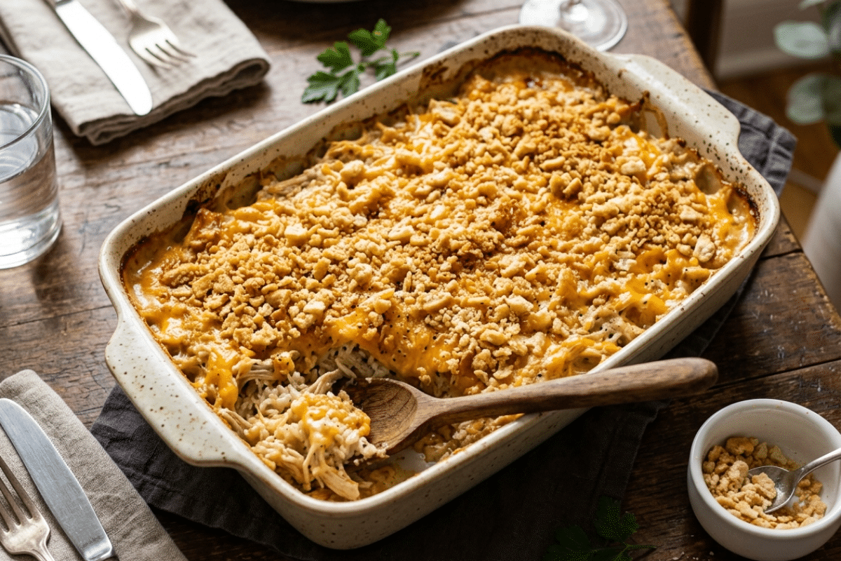 cheesy chicken and rice casserole in a baking dish