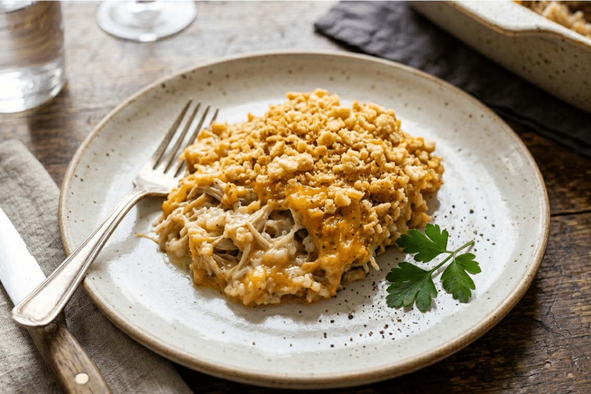 single serving on a dinner plate cheesy chicken and rice bake