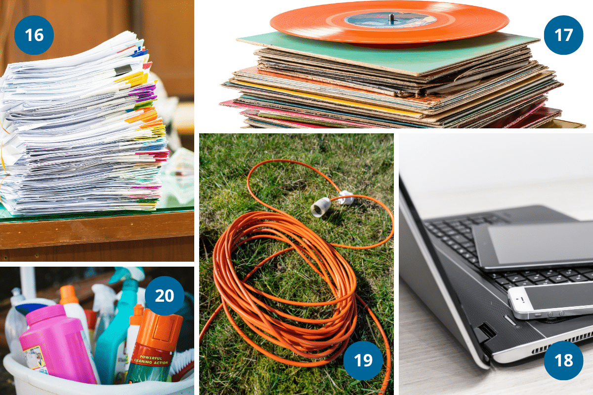 important documents vinyl records electronics extension cords and cleaning products