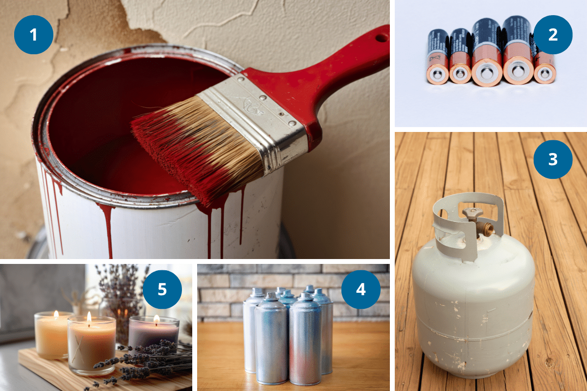 paint batteries propane cylinder aerosol cans and candles ruined by heat in a garage during summer