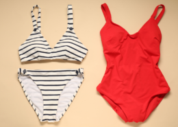 striped two piece and red one piece bathing suit how to make swimsuits last longer