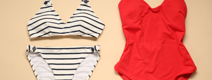 striped two piece and red one piece bathing suit how to make swimsuits last longer